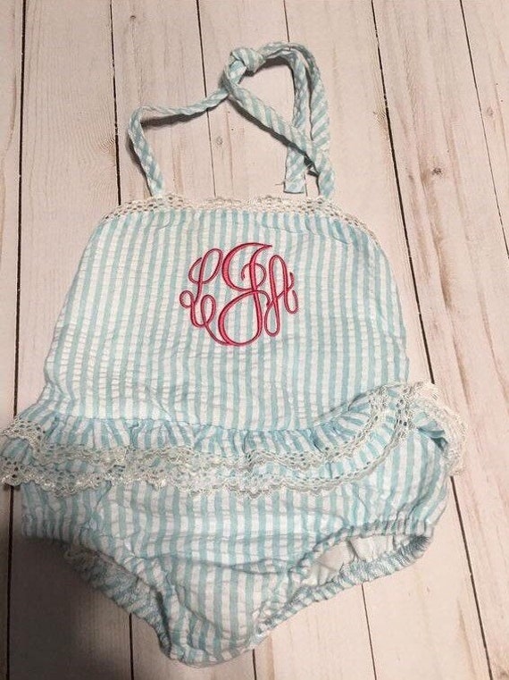 Girls Aqua Seersucker Swimsuit, Girls One Piece Green Swimsuit, Monogrammed, Baby, Toddler, Girls, Personalized, Pink, Aqua, Lavender
