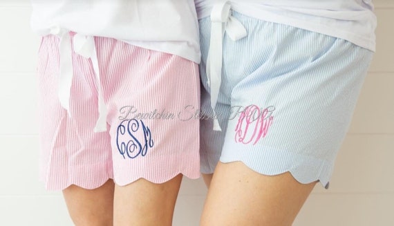 Personalized Ladies Pink Seersucker Shorts, Seersucker Scalloped Shorts, Seersucker Shorts, , Pink Shorts, Green Shorts, Blue Shorts