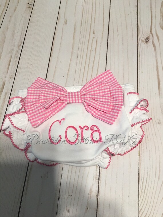 Personalized White Baby Bloomers, Diaper Cover, Pink Trim Baby Bloomers, Pink Gingham Bow, Monogrammed Baby Bloomers