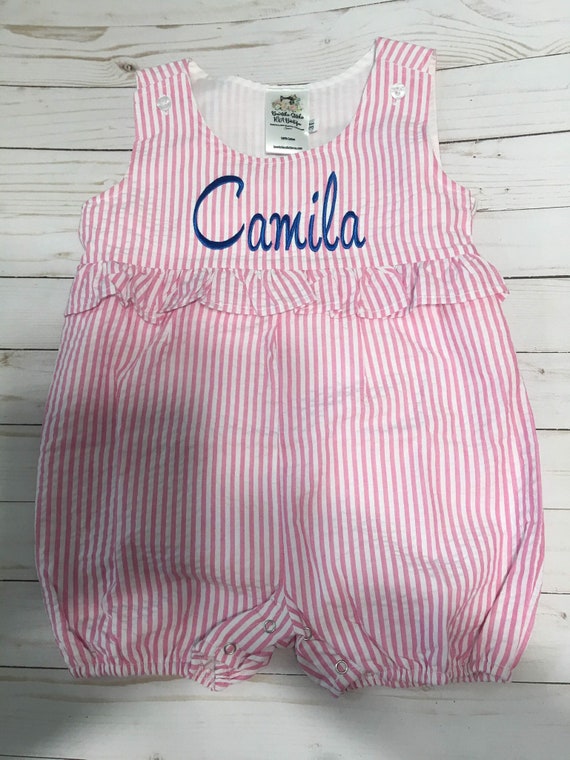 Personalized Girls Pink Seersucker Bubble Romper, Seersucker Sunsuit, Ruffled, Baby, Toddler, Pink, Lavender, Navy, Green, Red, SHIPS FREE