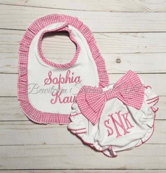 Personalized Pink Bow Baby Bloomers, Pink Gingham Trim Bib, Diaper Cover, Pink Trim Baby Bloomers, Monogrammed Baby Bloomers