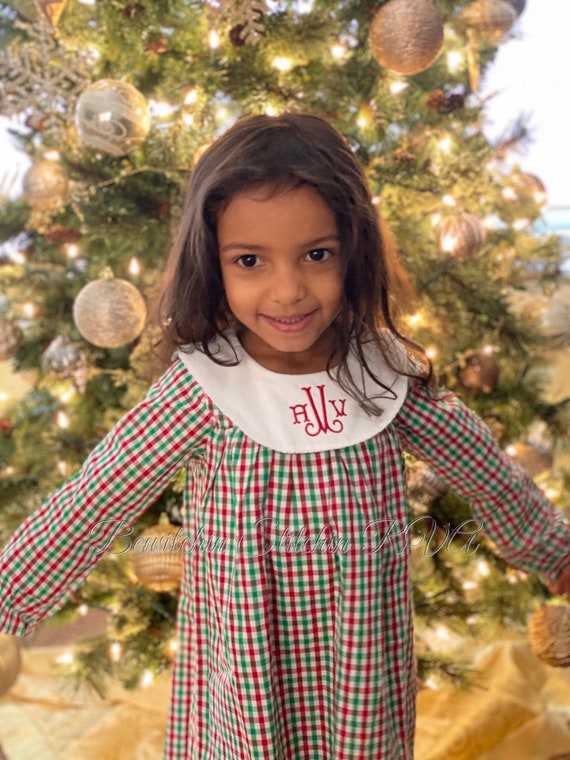 Monogrammed Bishop Collar Girls Christmas Dress, Christmas Plaid Bishop Dress, Christmas Gingham Dress, Christmas Plaid Dress