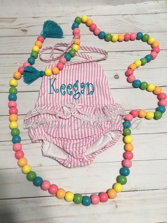 Personalized One Piece Pink Ruffled Swimsuit, Pink Seersucker Swimsuit, Baby, Toddler, Girls, Seersucker, Monogrammed, Lavender, Aqua, Green