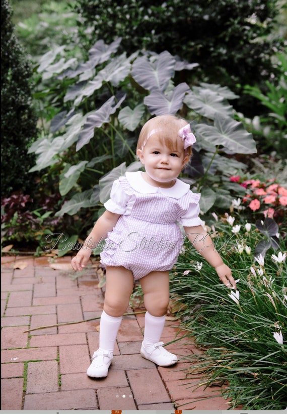 Personalized Girls Ruffled Sunsuit, Seersucker, Fully Lined, Baby, Toddler, Pink, Lavender, Aqua, SHIPS FREE