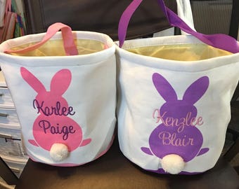 Personalized Easter Bunny Tail Basket, Easter Bucket, Bag, Tote, Purple, Pink, Green, Blue, EMBROIDERED, NOT VINYL