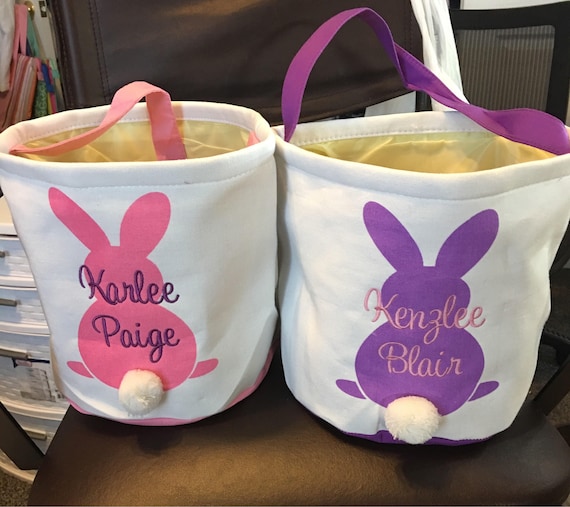 Personalized Easter Bunny Tail Basket, Easter Bucket, Bag, Tote, Purple, Pink, Green, Blue, EMBROIDERED, NOT VINYL