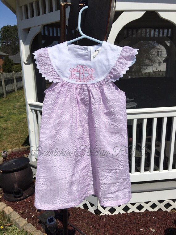 Personalized Girls Pink Seersucker Dress, Girls Pink Seersucker Bishop Dress, Baby Pink Seersucker Dress, Clearance