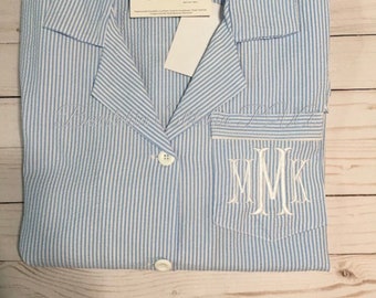Personalized Blue Seersucker Sleep Shirt, Bridesmaid Night Shirt, Seersucker Loungewear, Ladies Night Shirt,  FREE Shipping