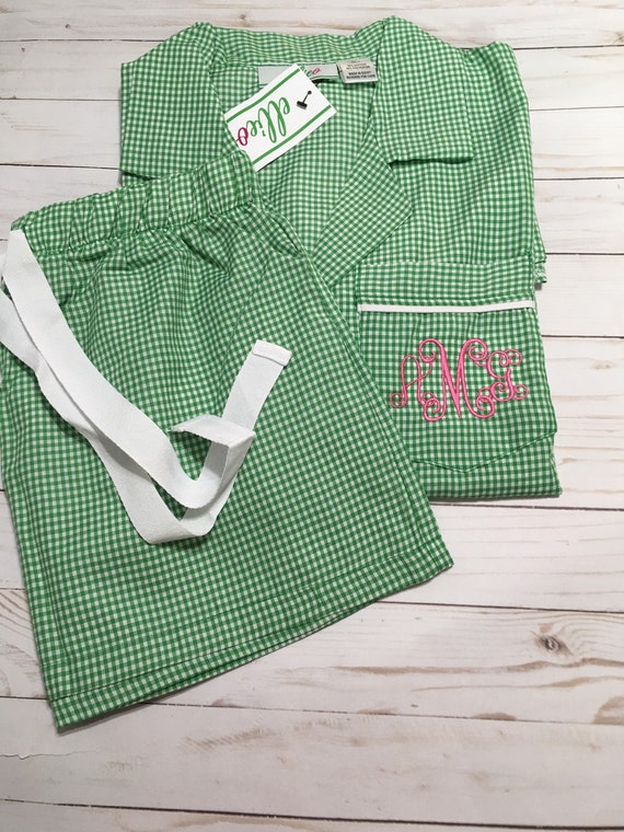 Personalized Ladies Green Gingham Pajama Set, Shorts Pajama Set, Women’s Green Gingham Pajama Set, Gingham Lounge Set, CLEARANCE