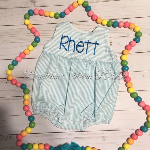 Personalized Seersucker Bubble Sunsuit, Unisex Baby Bubble Romper, Unisex Romper, Unisex Sunsuit, Aqua Bubble Suit