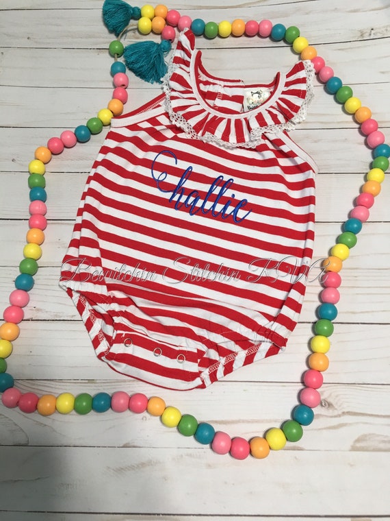 Personalized Ruffled Knit Baby Bubble, One Piece Romper, Solid White, Red and White Stripe