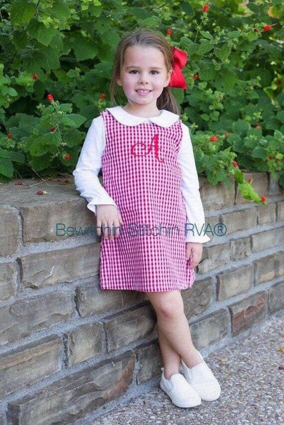 Personalized Red Gingham Jumper Dress, Christmas Gingham Dress, Girls Red Gingham Dress, Baby Dress, Toddler Dress, navy, red, green,