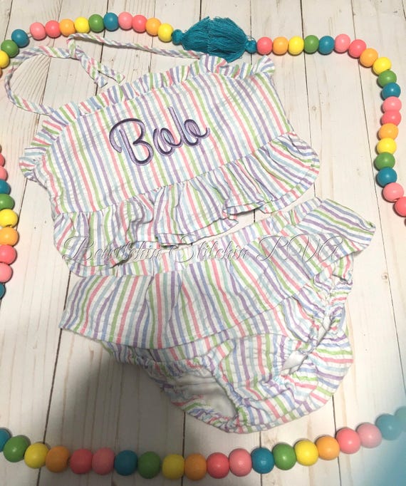 Girls Personalized Pastel Striped Seersucker Bikini, Toddler Pastel Multi Stripe Bikini, Monogrammed Seersucker Bikini