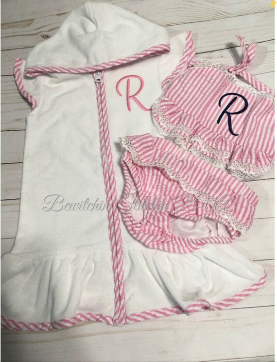 Personalized PinkSeersucker Bikini, Girls Bikini Swimsuit, Toddlers, Babies, Green, Purple, aqua, Striped, Ruffled