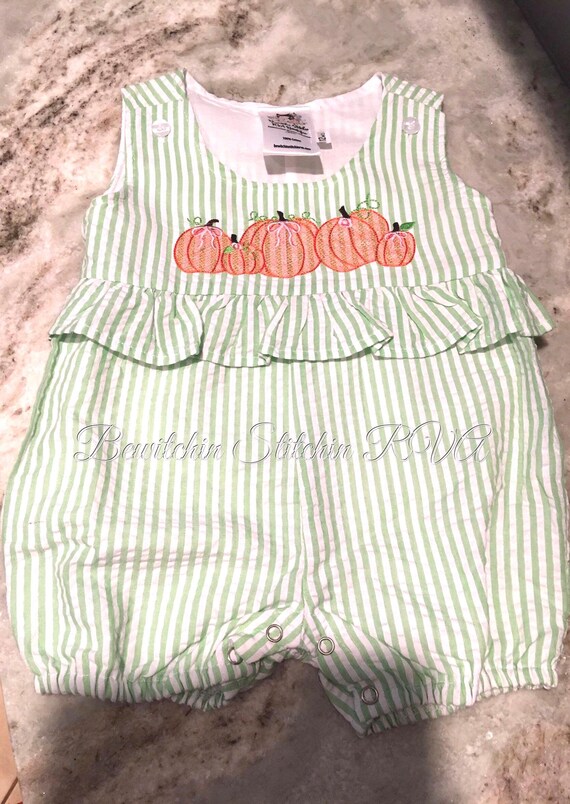 Personalized Girls Pumpkin Seerscker Romper, Fall Seersucker Sunsuit, Ruffled, Baby, Toddler, Pink, Lavender, Navy, Green, Red, SHIPS FREE