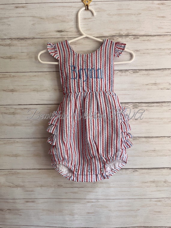 Monogrammed Baby Ruffled Bottom Patriotic Seersucker Sunsuit, Toddler Romper, Bubble Sunsuit, Fully Lined, Baby, Toddler, 4th of July Romper