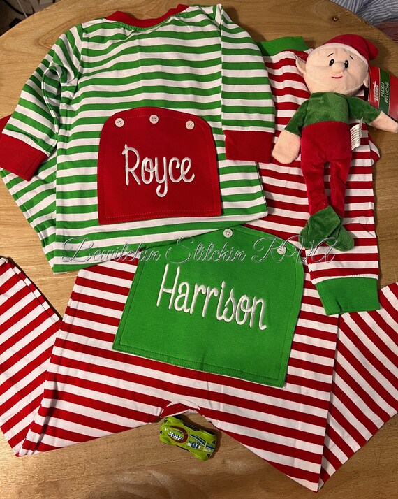 Monogrammed Faux Flap Christmas Pajamas, Faux Drop Seat Pajamas, Snug Fitting w Cuffs, CPSIA Compliant