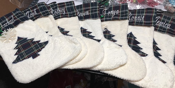 Personalized Sherpa Christmas Stocking, Plaid Cuff, Red Plaid, Navy Plaid, In Stock, Ready to Ship