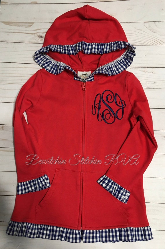 Personalized Girls Zip Front Hooded Jacket, Cotton Knit Ruffled Hooded Jacket,  Hooded Jacket with Ruffled Gingham Trim