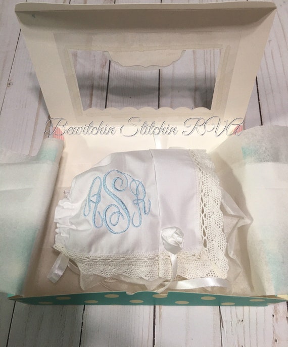 Personalized Handkerchief Baby Bonnet With Poem, Magic Baby Bonnet, Christening Bonnet, Keepsake Handkerchief Bonnet with Box, Handmade