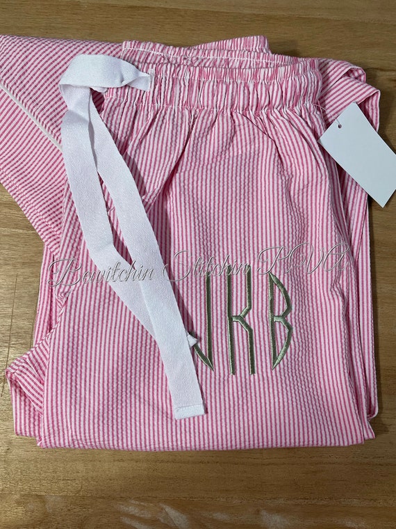 Monogrammed Ladies Pink Lounge Pants, Seersucker Lounge Pants, Seersucker Pajama Pants, Pink Pants, Blue Pants, Green Pants