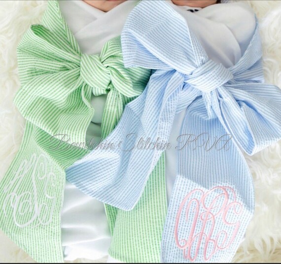 Personalized Newborn Baby Seersucker Swaddle Blanket with Sash, Blanket with Sash, Pink, Green, Blue Trim Newborn Bow Blanket.