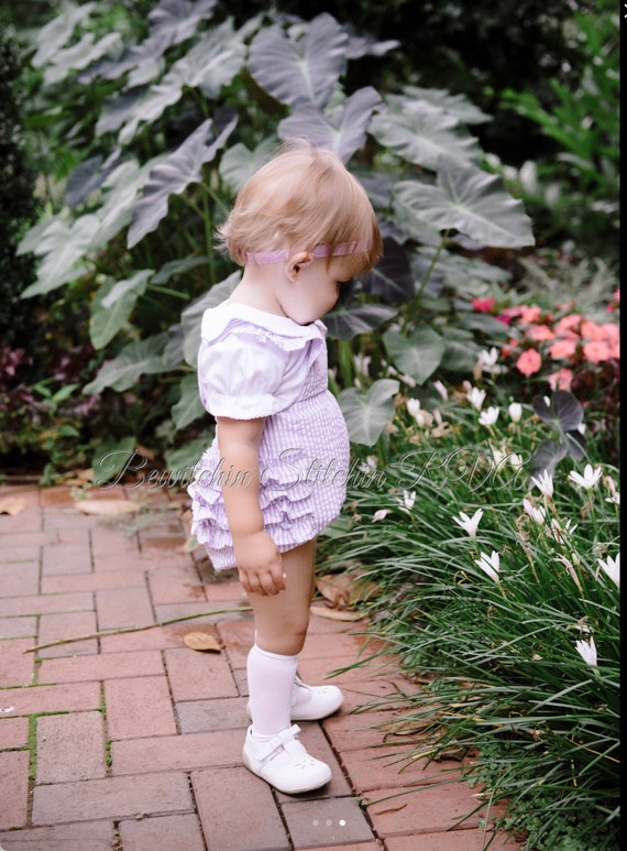 Personalized Ruffled Bottom Seersucker Sunsuit, Girls Seersucker Sunsuit, Fully Lined, Baby, Toddler, Pink, Lavender, Aqua, SHIPS FREE