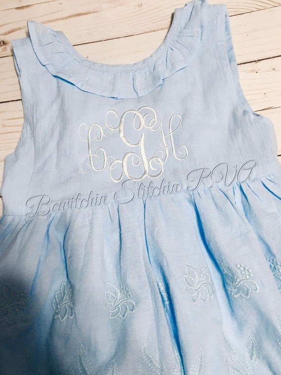 Personalized Blue Eyelet Dress, Girls Blue Eyelet Dress, Toddler Blue Eyelet Dress, Eyelet Dress, Monogrammed Blue Eyelet Dress, SHIPS FREE