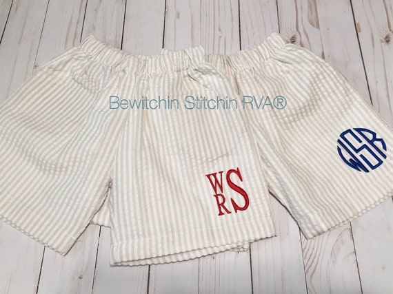 Personalized Boys Shorts, Boys Seersucker Shorts, Monogrammed Seersucker Shorts, Khaki Shorts