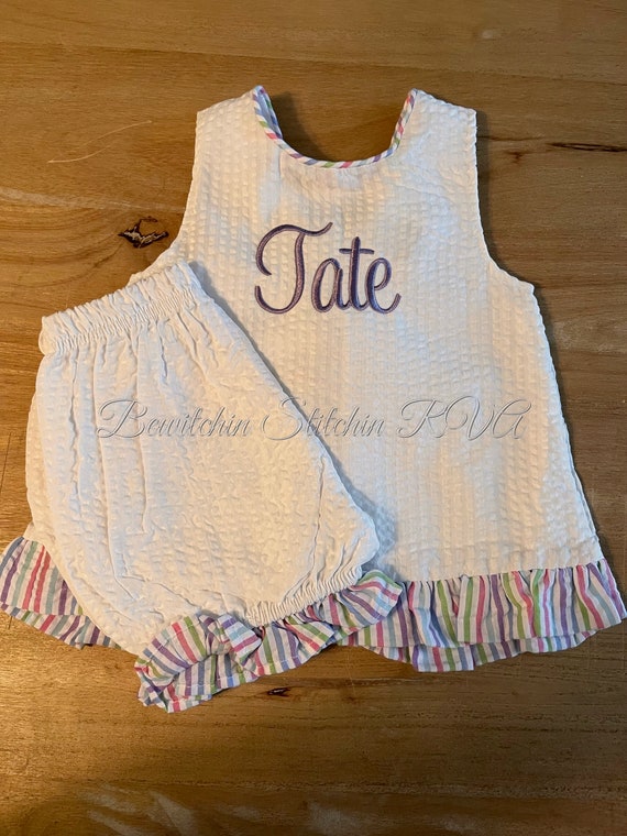 Monogrammed Multi Rainbow Stripe Seersucker Swing Back Sunsuit Set, Toddler Girls Shorts Set, Baby Girls Seersucker Bow Back Set