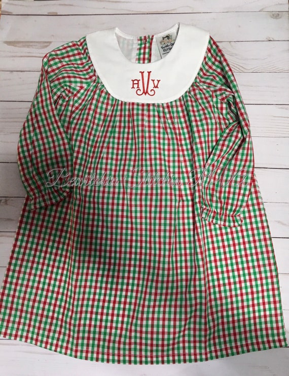 Monogrammed Baby Bishop Christmas Dress, Christmas Plaid Bishop Dress, Christmas Gingham Dress, Monogrammed Christmas Plaid Dress