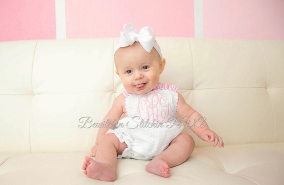 Baby Girls Seersucker Sunsuit, White Bow Back Sun Bubble, Seersucker Baby Bubble, Seersucker Bubble Suit, Seersucker Baby Bubble
