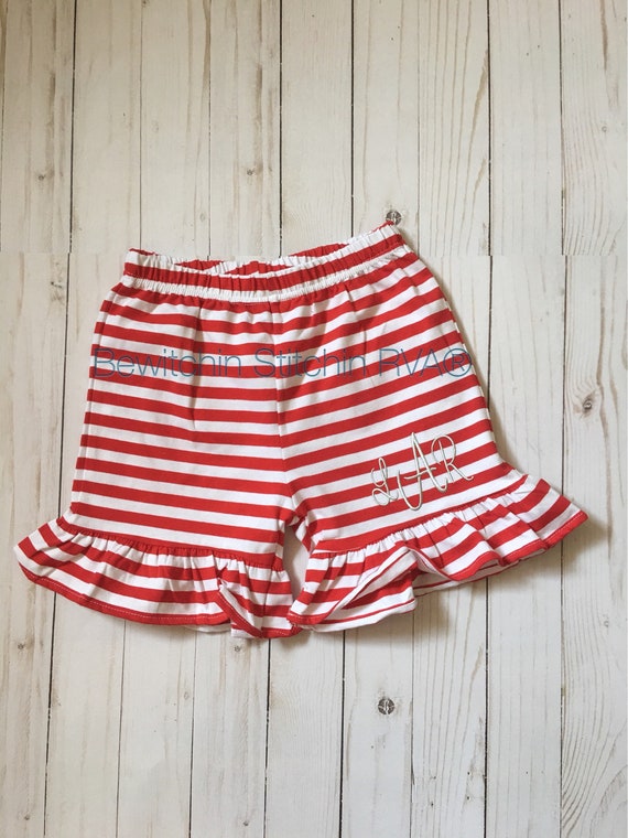 Monogrammed Girls Knit Ruffled Shorts, Shorties, Red and White Stripe, Baby, Toddler, Girls, Ready to Ship