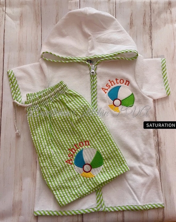 Personalized Swimsuit Cover-Up, Babies, Toddlers, Boys, White, Blue Seersucker Trim, Red Trim, Green Trim, Monogrammed, SIZE UP