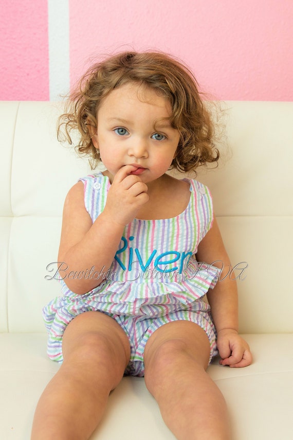 Monogrammed Seersucker Ruffled Sunsuit, Sun Bubble, Baby Romper, Toddler Romper, Multi Pastel Stripe