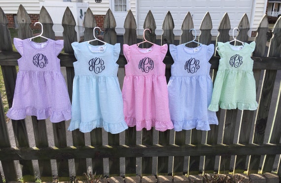 Personalized Seersucker Dress, Flutter Sleeves, Ruffle Hem, Fully Lined, Baby, Toddler, Girls, Pink, Red, Navy, Khaki, Lavender, Aqua, Blue