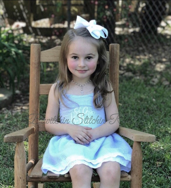 Personalized Easter Seersucker Sundress, Girls Sundress, Seersucker Dress, Toddler Sundress, Blue Seersucker Dress, Pink Seersucker Dress