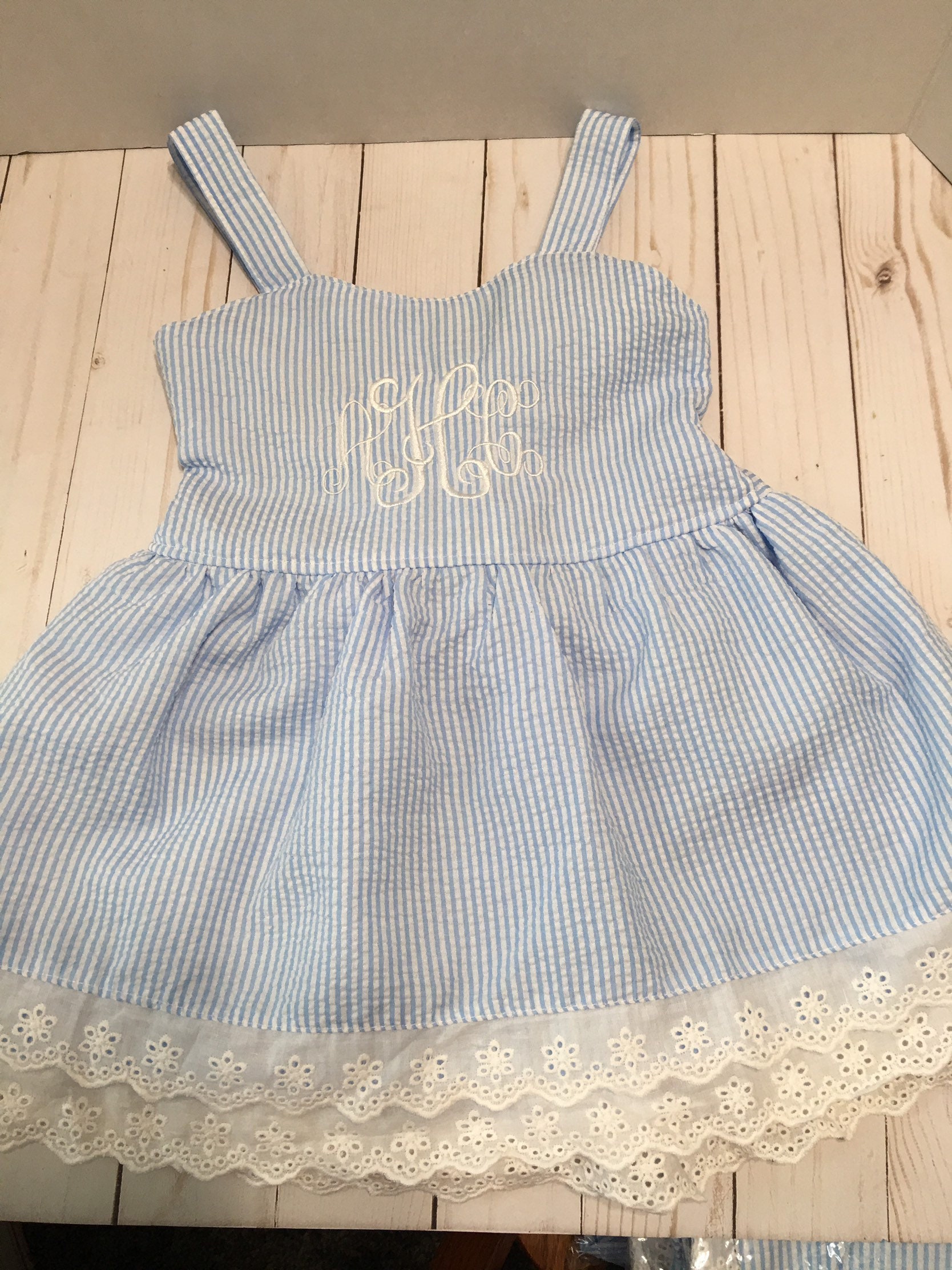 Monogrammed Girls Seersucker Dress Blue Seersucker Dress Newborn