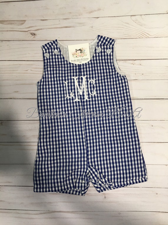 Monogrammed Navy Gingham Jon Jon, Navy Gingham Shortall, Romper, Baby, Toddler, Gingham, Fully Lined