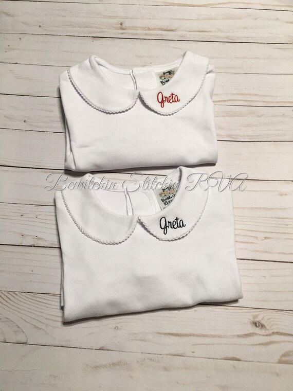 Personalized Peter Pan collar shirt, top, long sleeves, white, babies, toddlers, boys, girls, Lace Trim Collar or Plain Collar, Ships Free