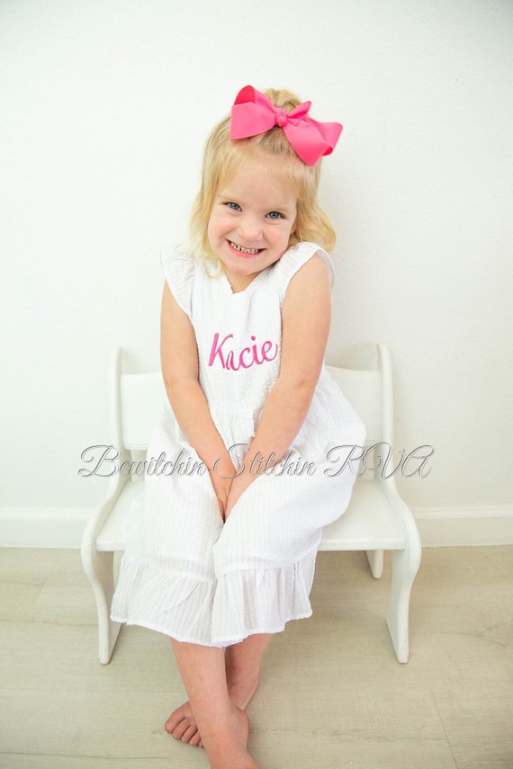 Personalized White Girls Seersucker Dress, Flower Girl Dress, Beach Wedding Toddler Dress, Baptism Dress, First Communion Dress