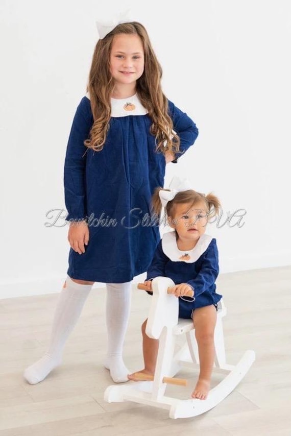 Monogrammed Navy Corduroy Bishop Collar Dress, Knee Length Dress, Girls Christmas Dress, Toddler Bishop Dress, Baby Christmas Dress