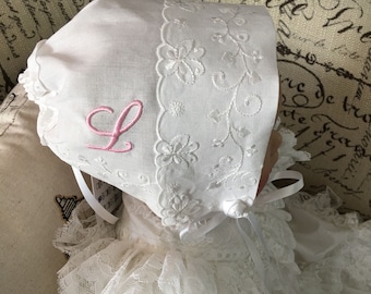 Personalized Handkerchief Baby Bonnet With Poem, Magic Baby Bonnet, Christening Bonnet, Keepsake Handkerchief Bonnet with Box, Handmade