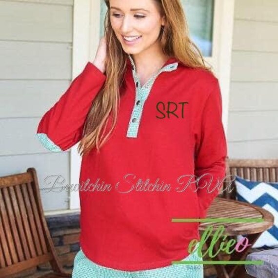 Personalized Ladies Snap Front Red and Green Pullover Knit Top, Christmas 1/4 Snap Front Pullover, Women’s Christmas Pullover, Gingham Trim