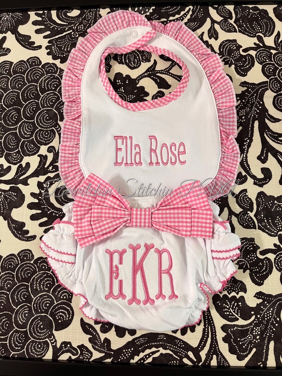 Personalized Pink Gingham Trim Baby Bloomers and Bib Set, Pink Gingham Bow Diaper Cover and Ruffled Pink Gingham Trim Bib Set