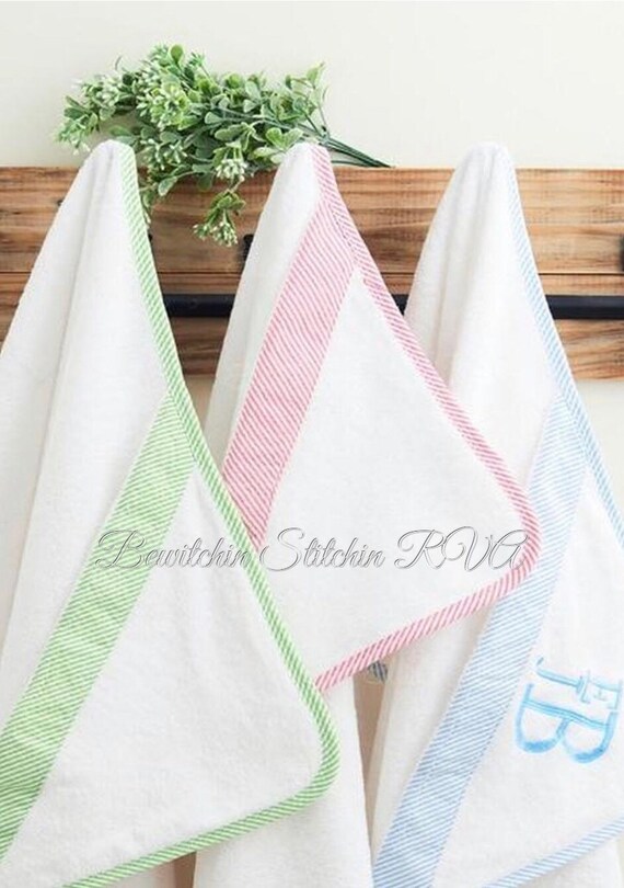 Personalized Bath Towel with Hood, Hooded Bath Towel, Seersucker Trimmed Hooded Towel, Baby Hooded Bath Towel, Toddler Hooded Bath Towel