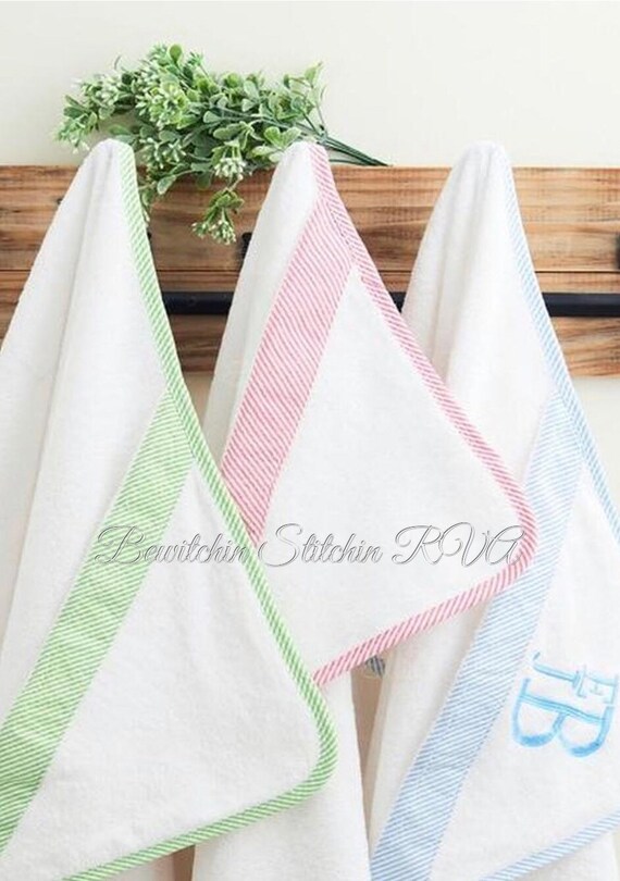 Monogrammed Bath Towel with Hood, Hooded Bath Towel, Seersucker Trimmed Hooded Towel, Baby Hooded Bath Towel, Toddler Hooded Bath Towel