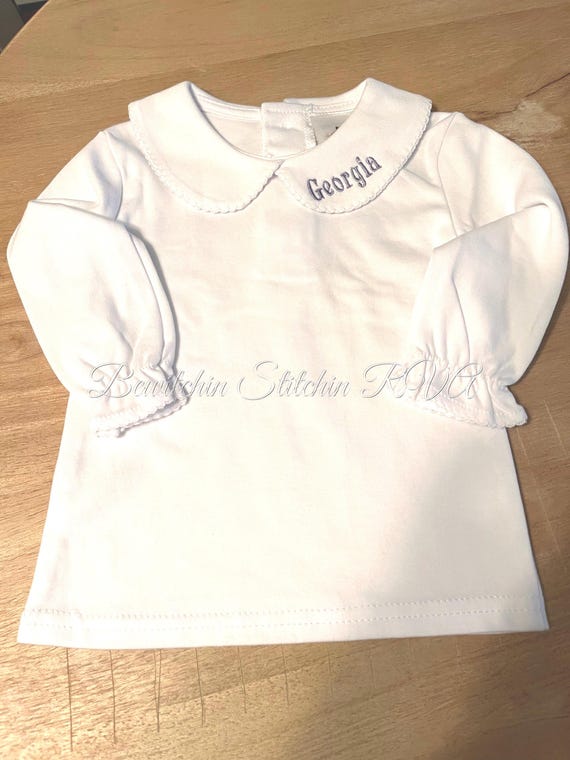Personalized Peter Pan collar shirt, top, long sleeves, white, babies, toddlers, girls, Lace Trim Collar or Plain Collar, Ships Free