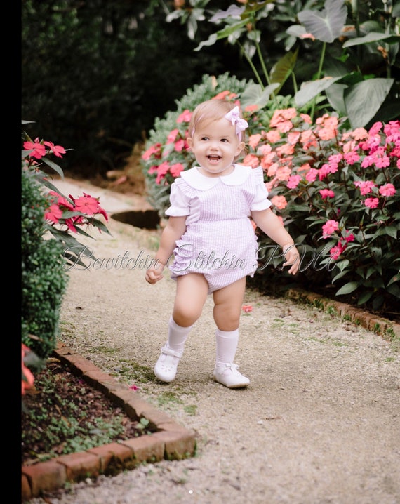 Personalized Girls Ruffled Pink Seersucker Sunsuit, Seersucker Romper, Fully Lined, Baby, Toddler, Pink, Lavender, Aqua, SHIPS FREE