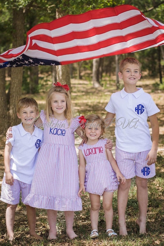 Monogrammed Toddler Ruffle Bottom Patriotic Seersucker Sunsuit, Toddler Romper, Bubble Sunsuit, Fully Lined, Baby Bubble, 4th of July Romper